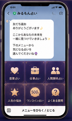 みるもん占い公式LINEのトーク画面。恋愛占い・仕事占い・人間関係占い・人生の悩み・ワンコイン占い・よくある質問のメニューが並ぶ